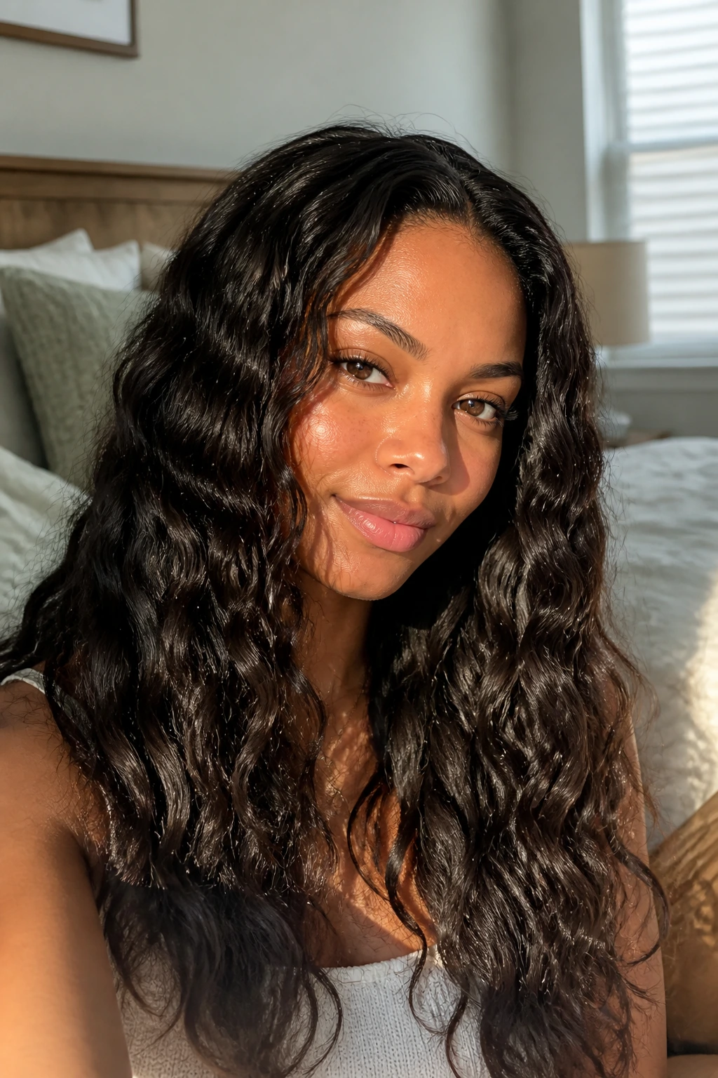 Close-up of a real woman with overnight braid-out waves