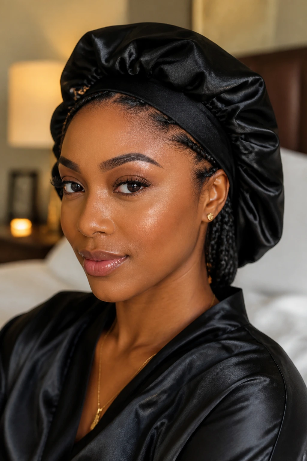 Woman with satin bonnet showing braids beneath in a bedroom setting