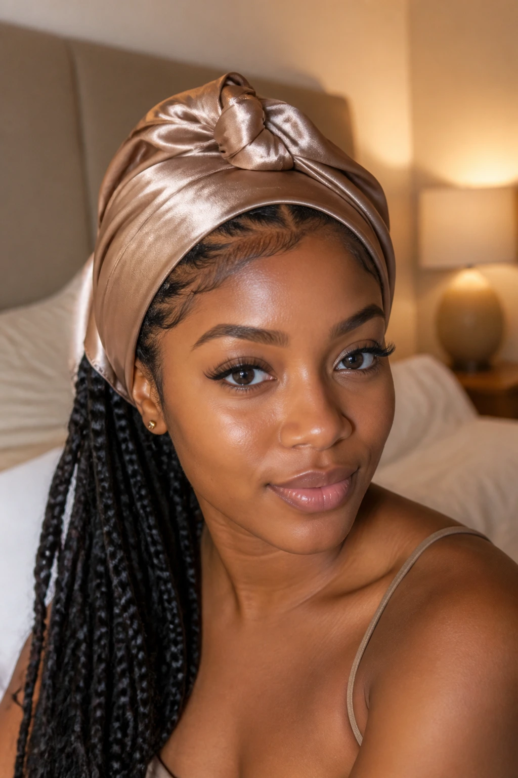 Person wearing a silk scarf protecting braids in bedroom