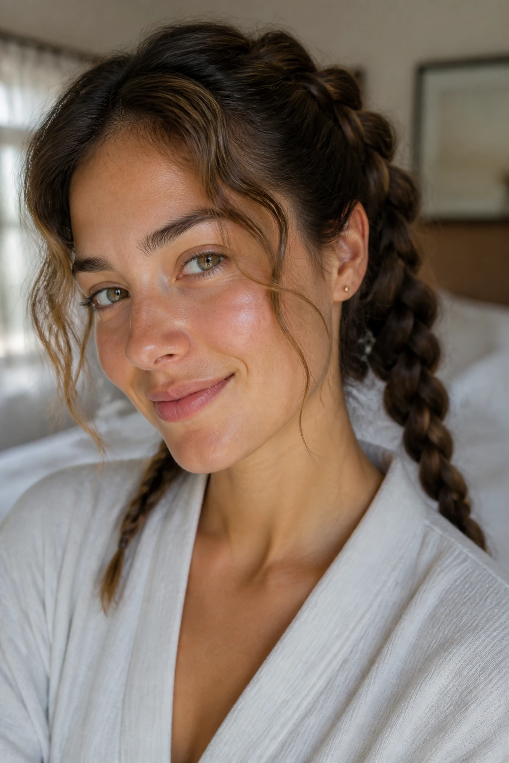 Real woman with two loose braids creating soft waves in morning light.