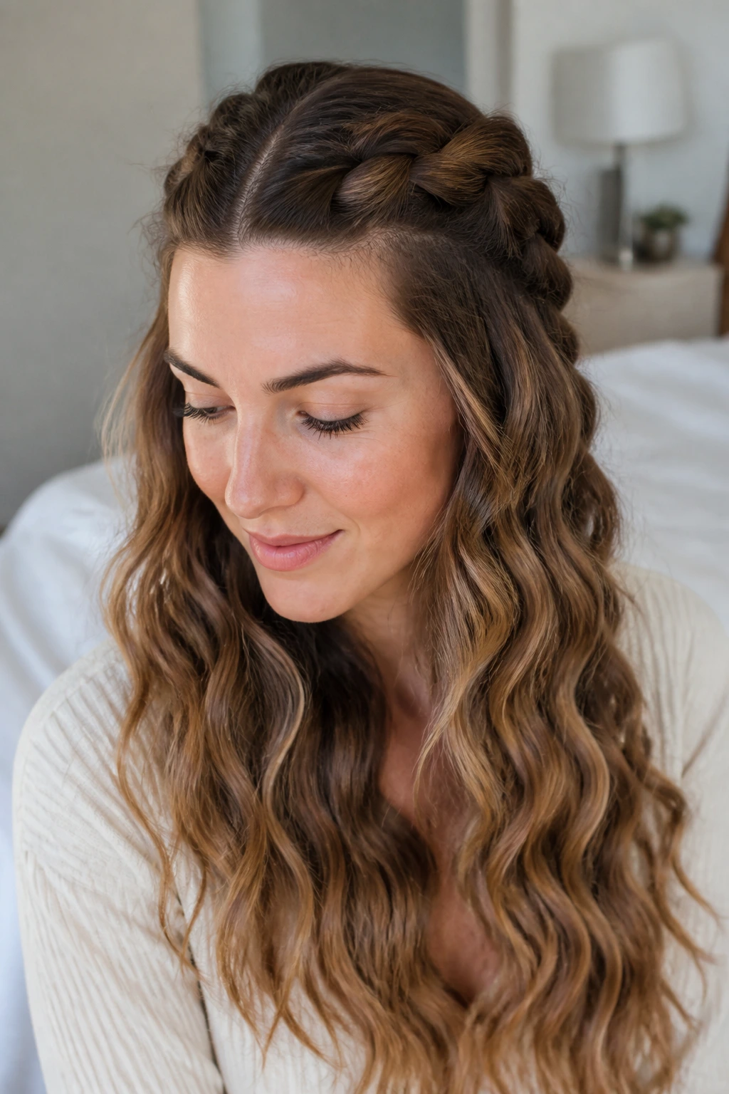 Real woman with overnight braids unraveling into waves