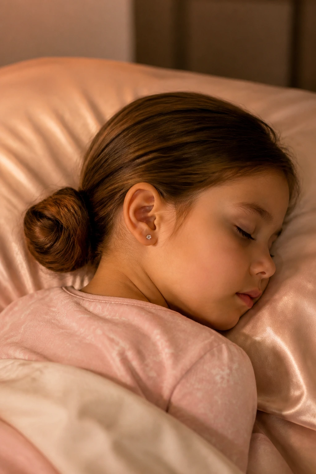 Child asleep with a bun secured in a satin pillowcase