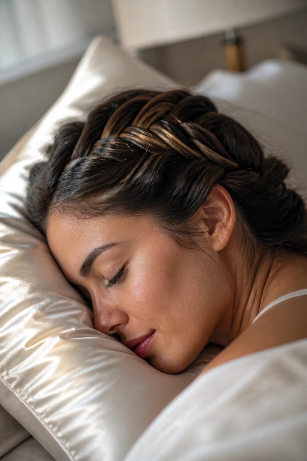 Head on a silk pillow showing a fishtail braid for overnight care