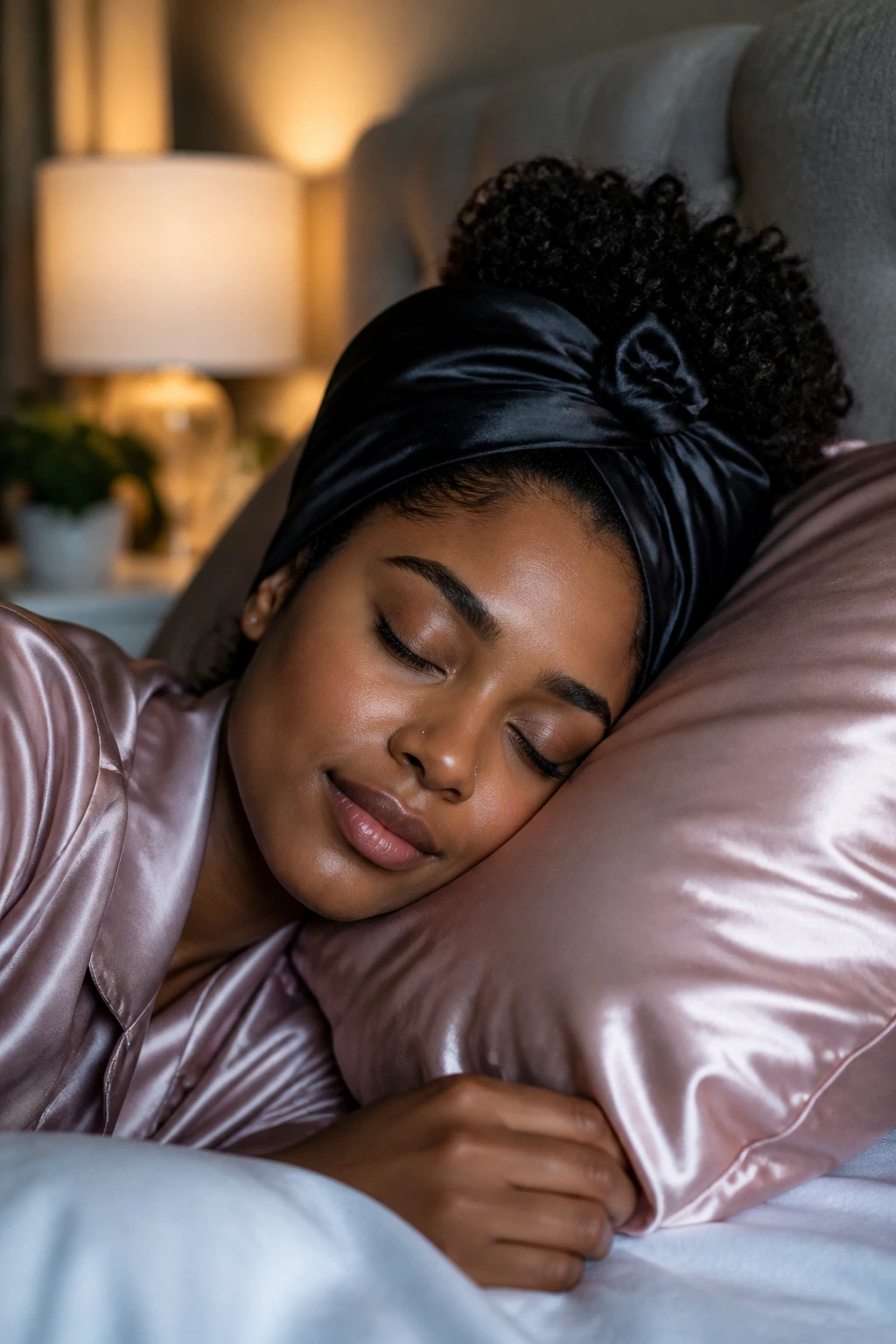 Close-up of a person resting on satin pillowcase with protected hair