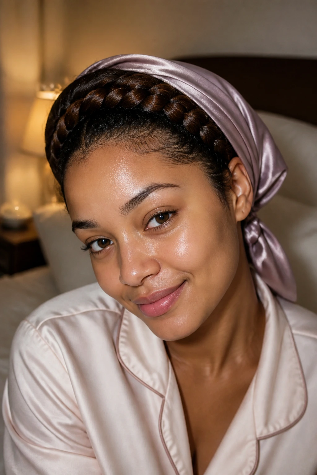 Halo braid protected with satin scarf during overnight care, close-up portrait.