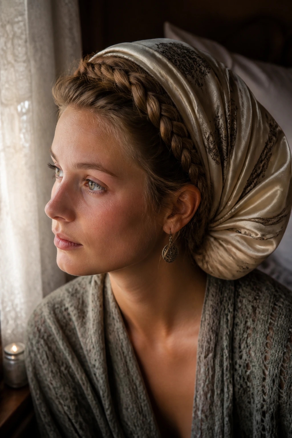Halo braid protected with a silk scarf in a bedroom setting.