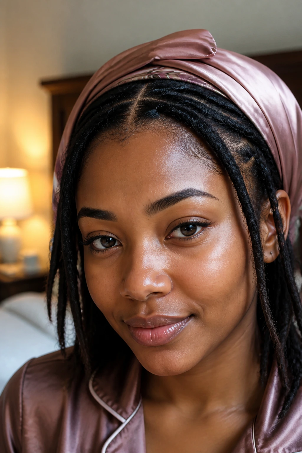 Woman with satin scarf wrap on locs in a nighttime bedroom.