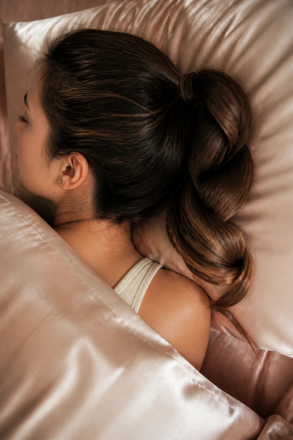 Person sleeping with a neatly coiled ponytail on a silk pillowcase.