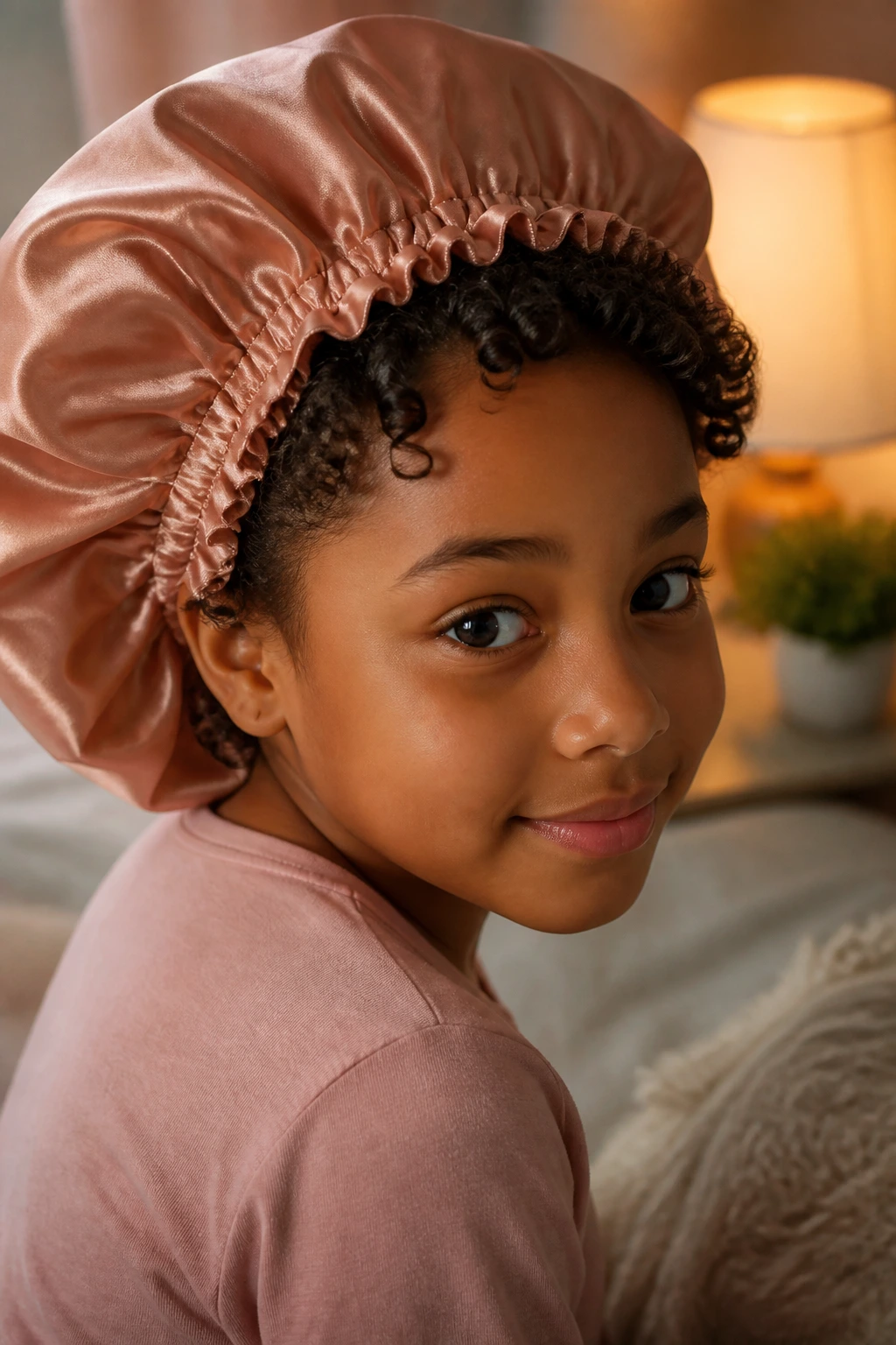 Child wearing satin bonnet for overnight care with curls visible