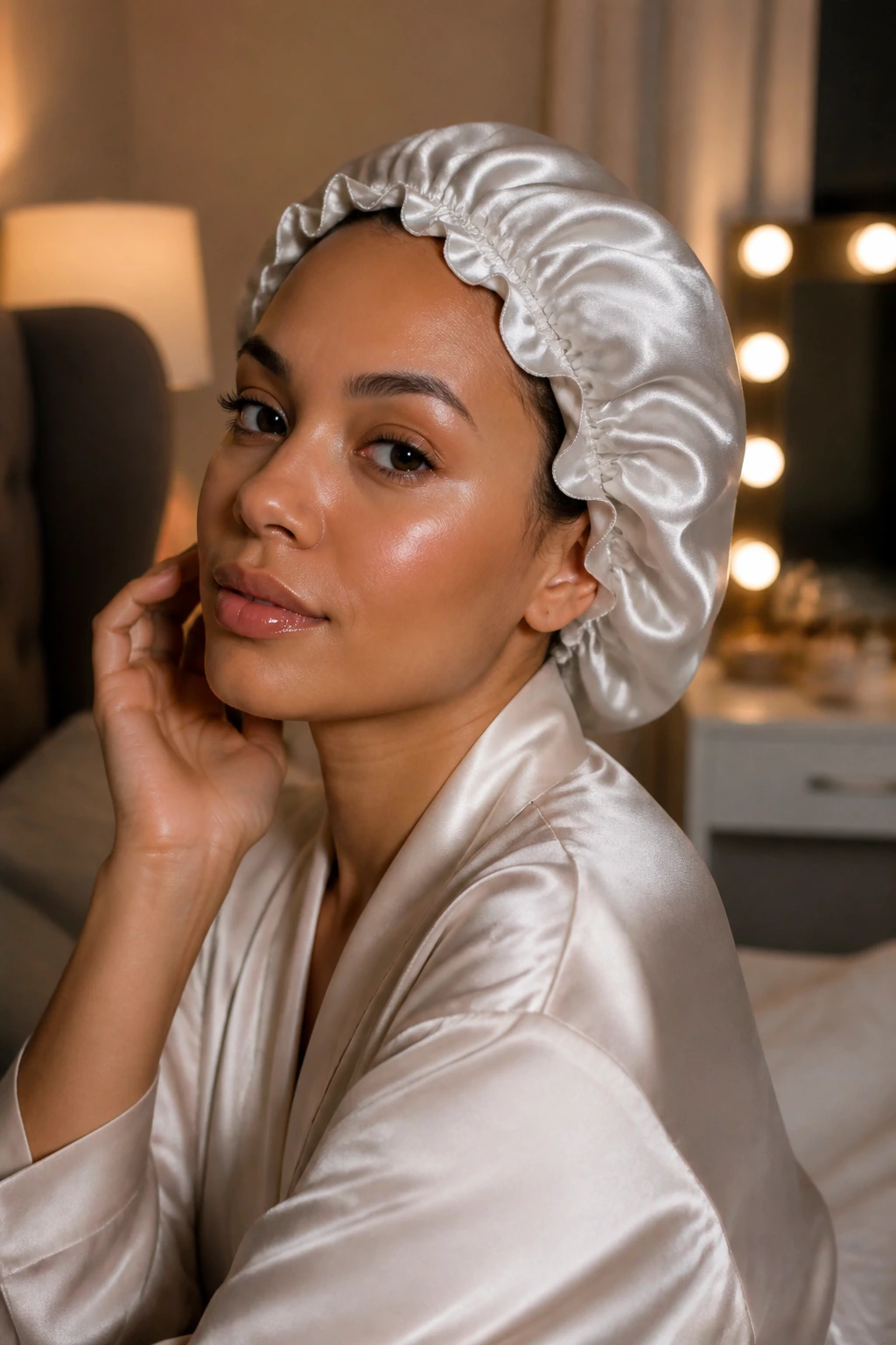 Portrait of a person wearing a satin bonnet in a cozy bedroom setting