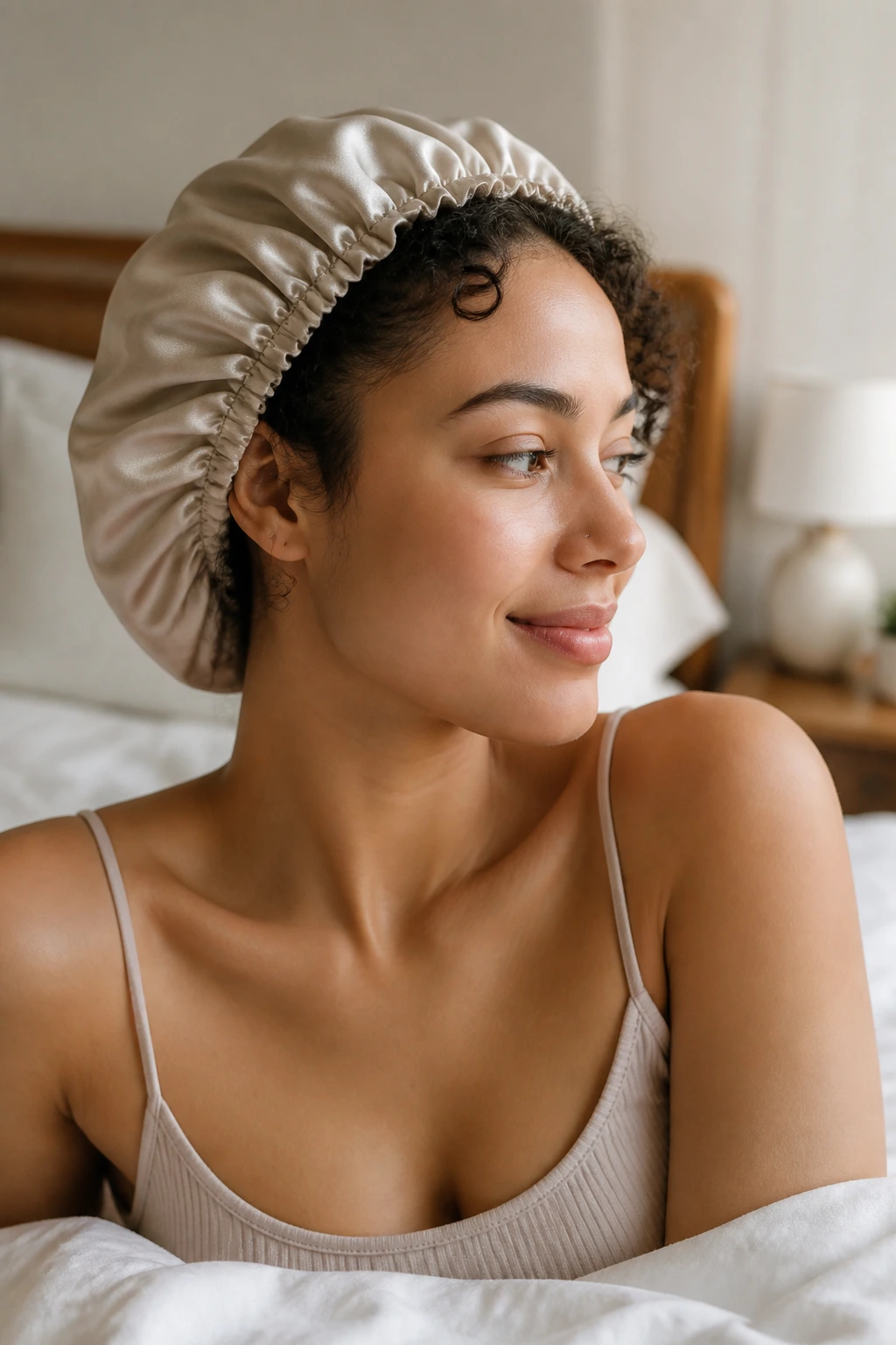 Real woman in satin bonnet, overnight care for short curly updo