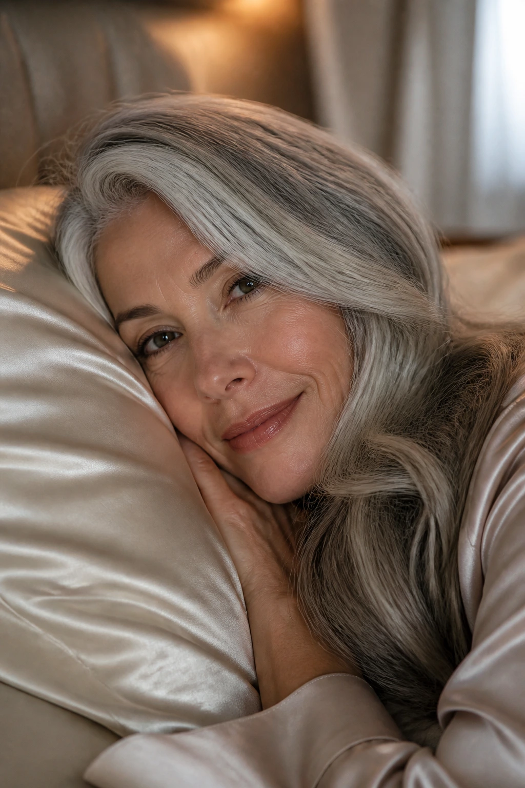 Woman resting on satin pillow with long hair kept neat and relaxed