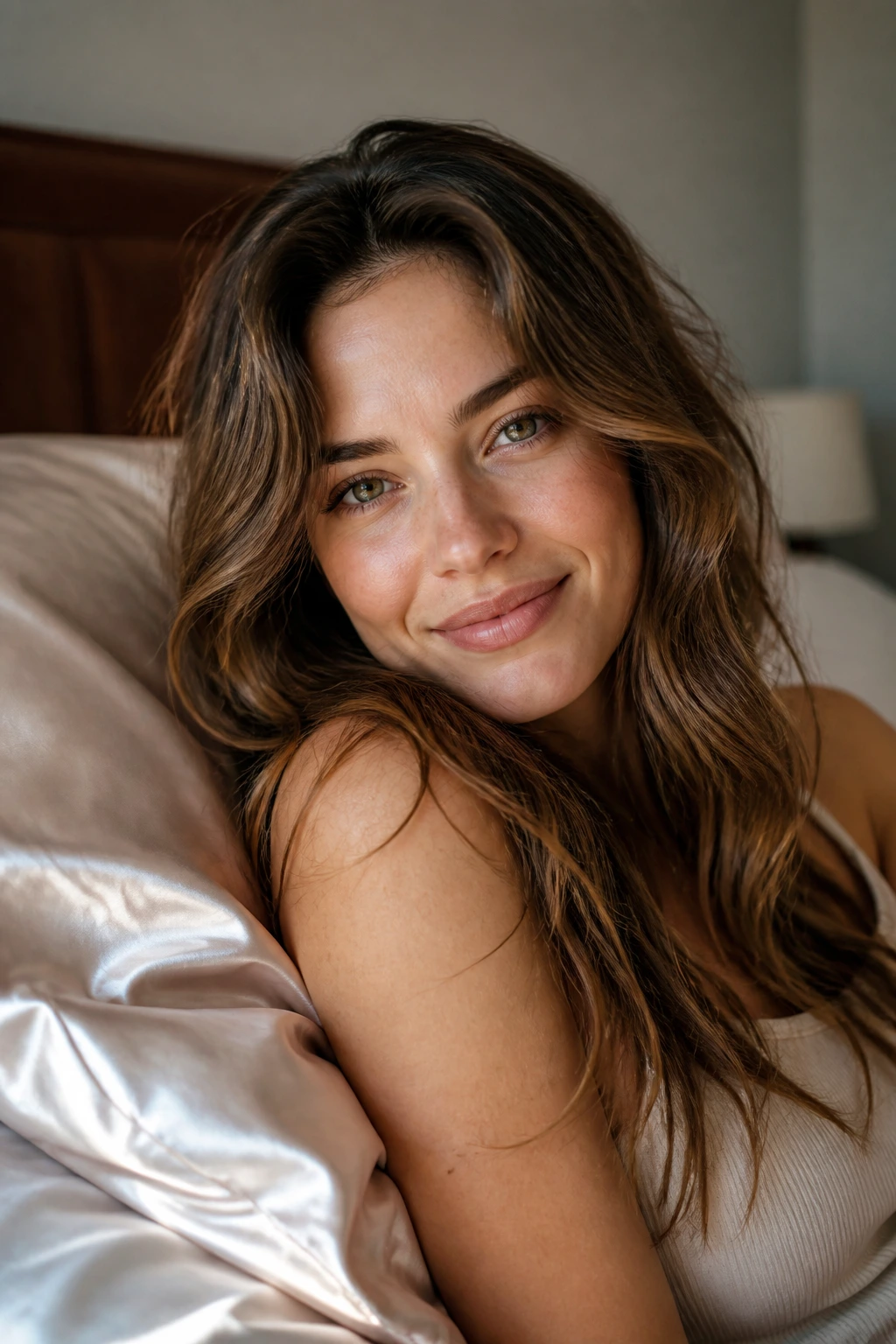 Close-up of a woman with overnight waves waking in morning light