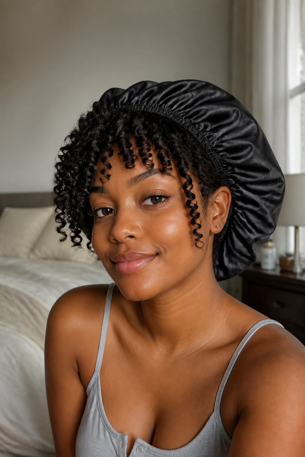 Portrait of a woman in satin bonnet protecting curls overnight