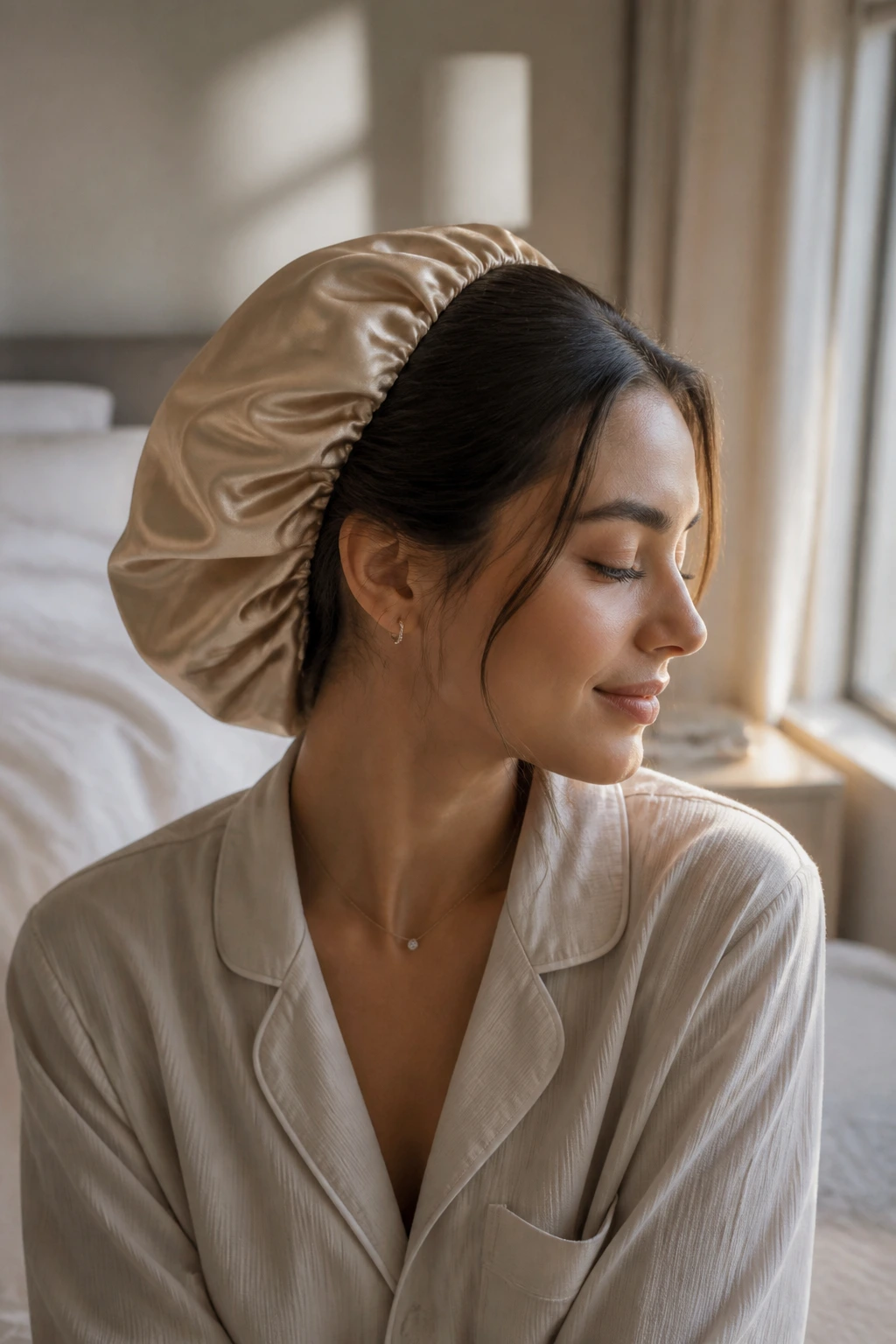 Person in bedroom with pinned hairstyle and satin bonnet ready for refresh
