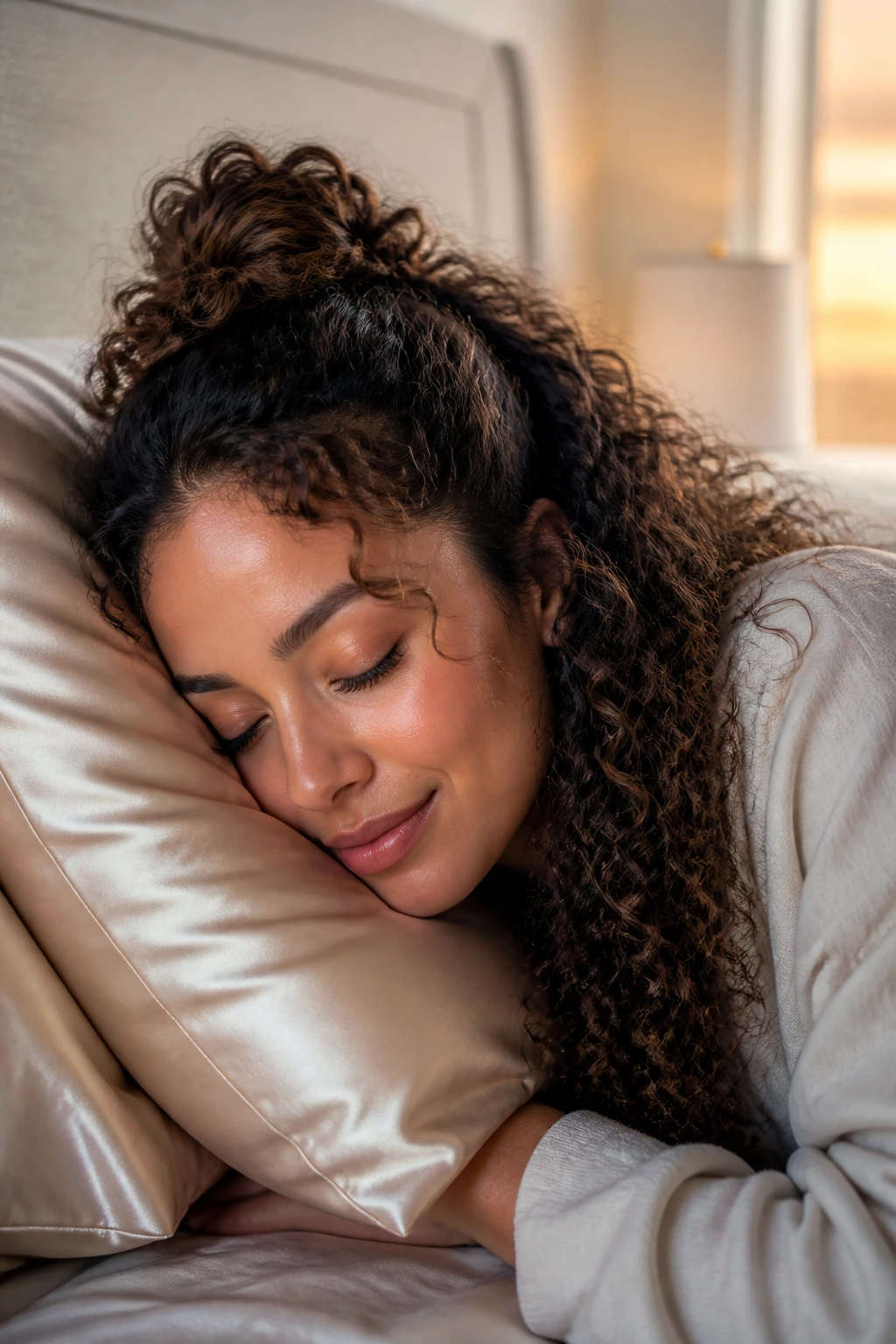 Woman with half-up curly hairstyle on pillow with satin case in soft dawn light