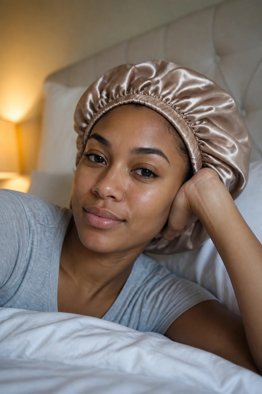 Woman wearing satin bonnet in bed to protect curls overnight.