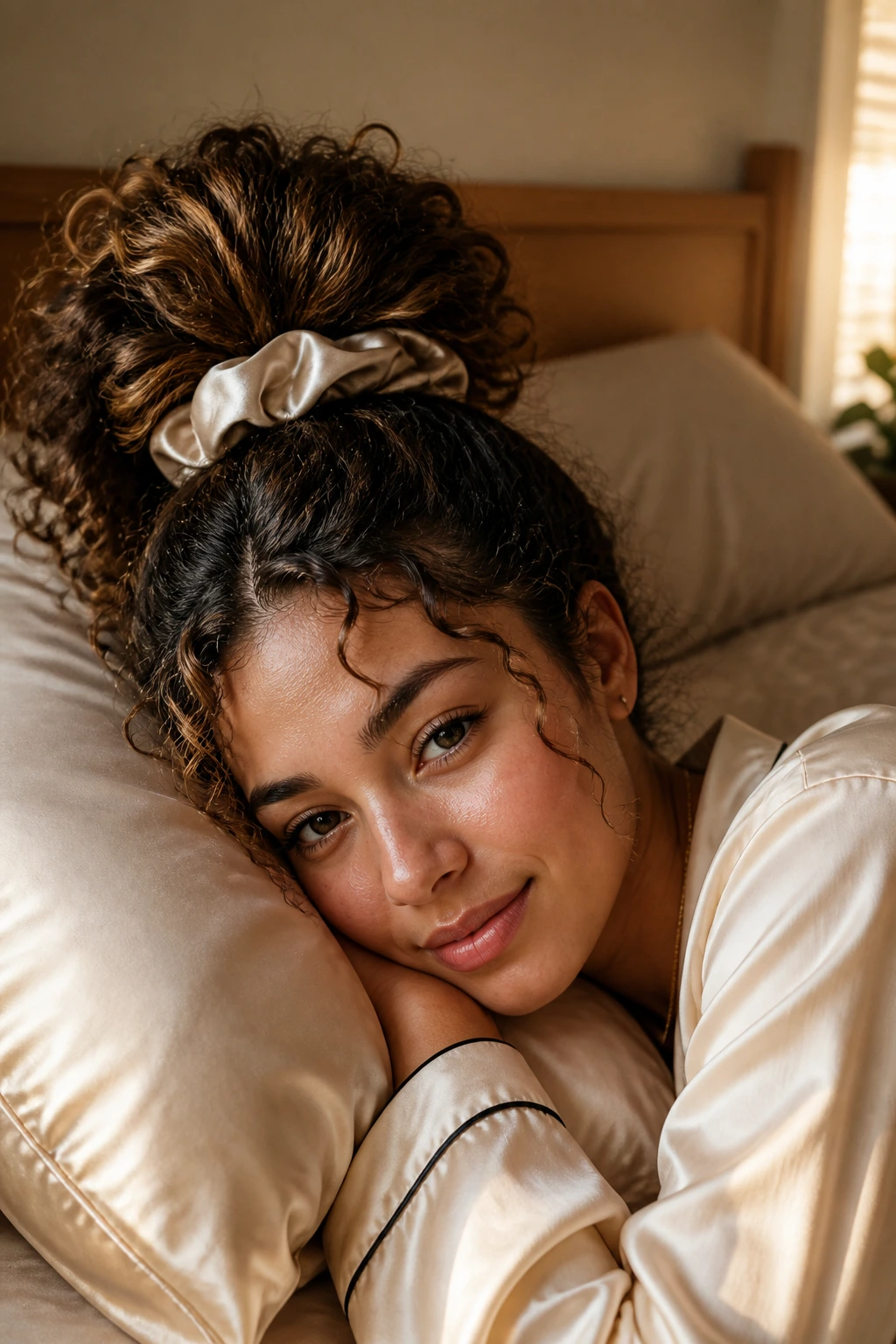 Close-up of head with pineapple hairstyle on satin pillowcase in a softly lit bedroom