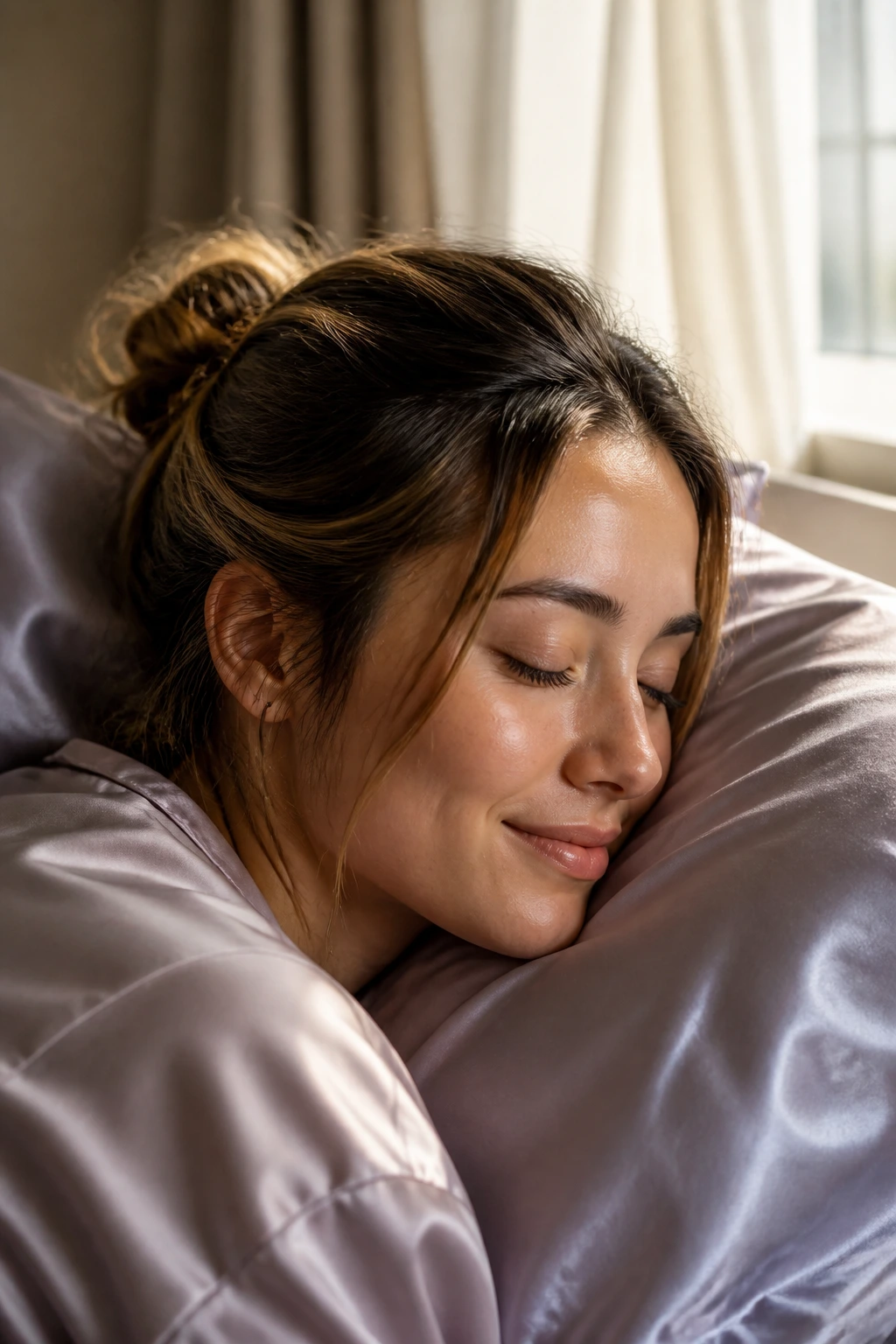 Morning prep scene with satin pillowcase and prepped hair
