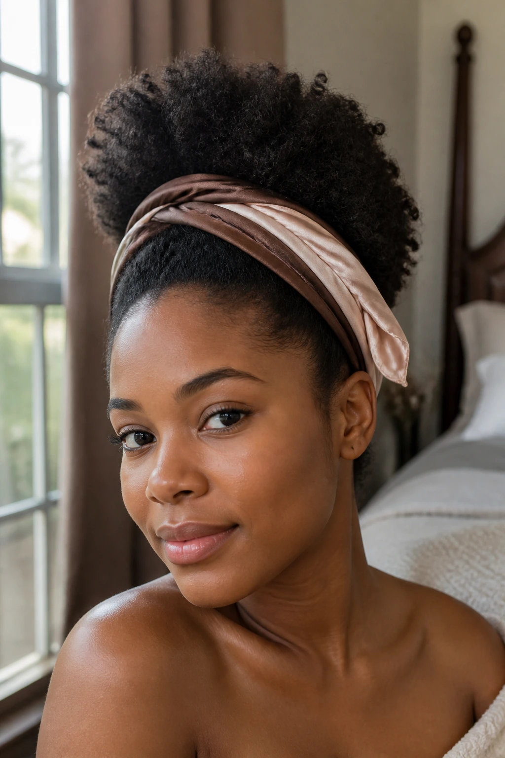 Close-up of a 4c puff with satin scarf protecting shape overnight