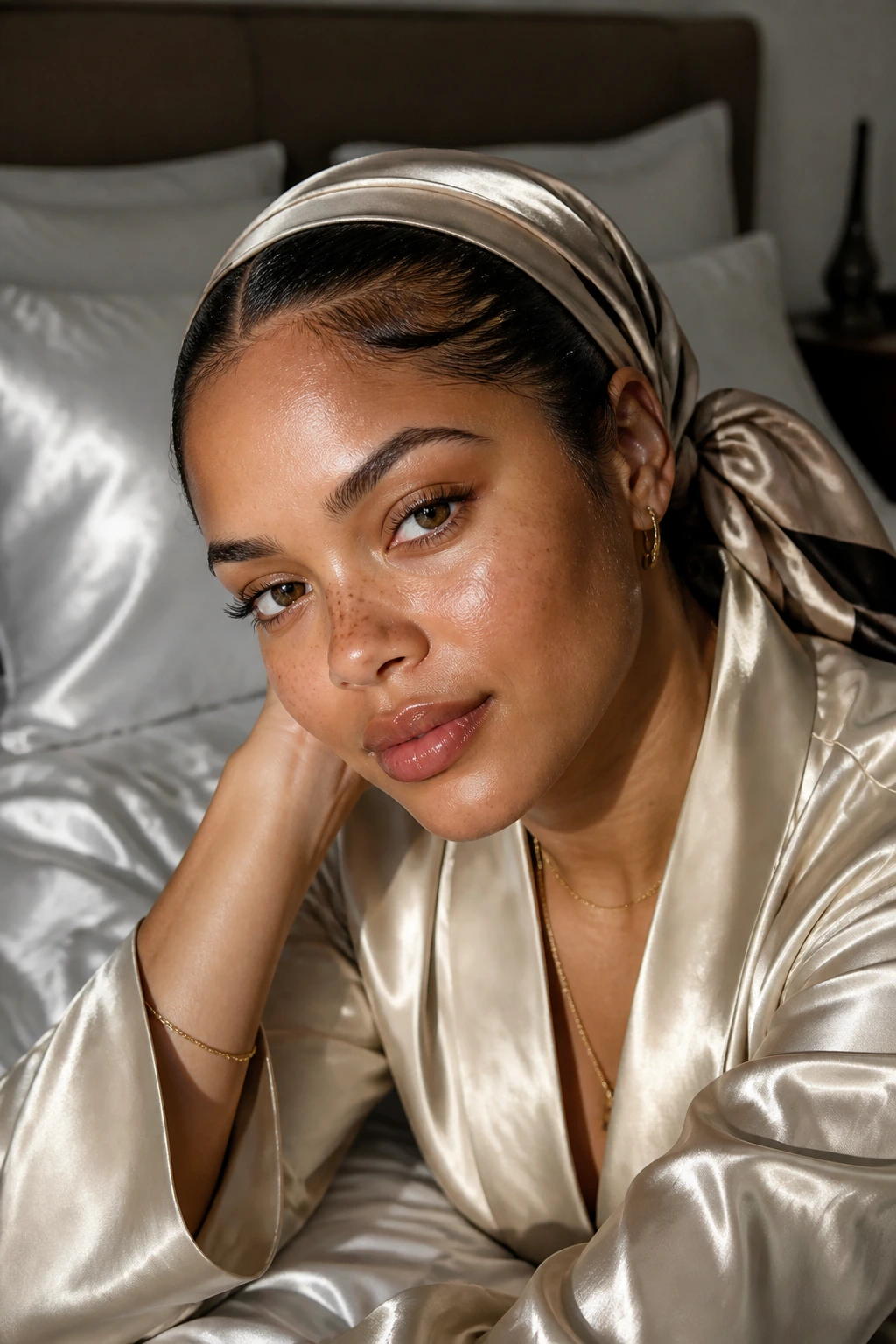 Woman in bed wearing a silk scarf around the hairline with a sleek wet look