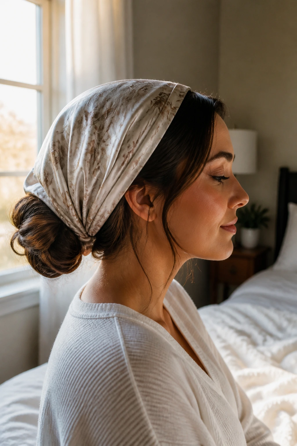 Side profile of a woman with hair tucked in a satin scarf for overnight refresh