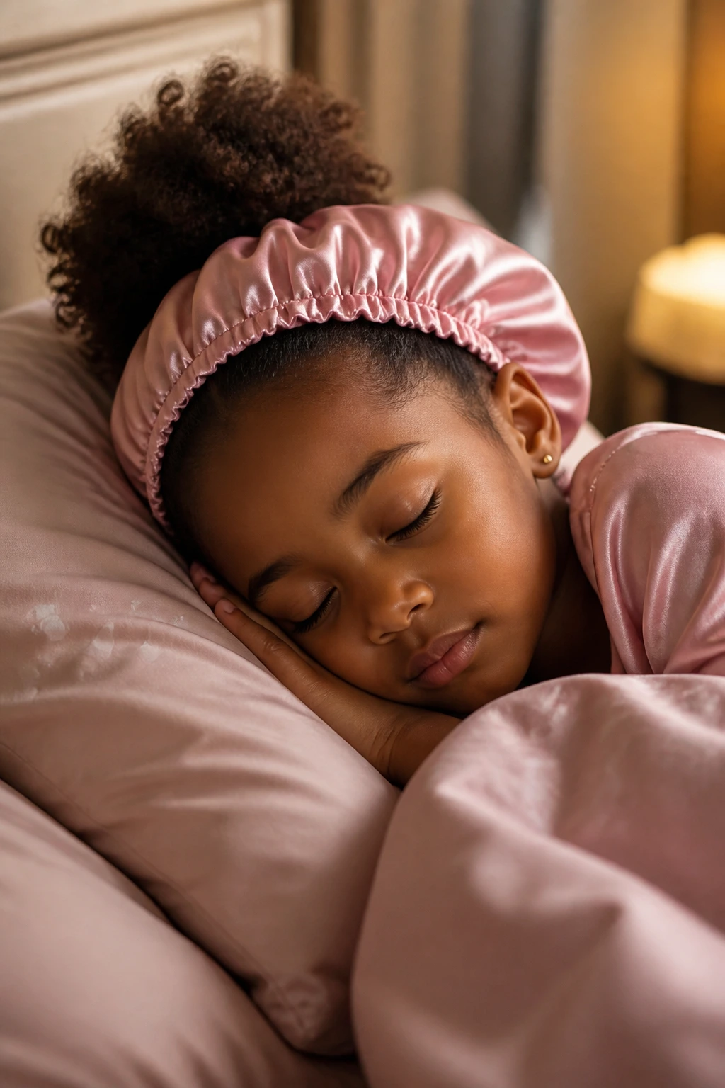 Close-up of a sleeping girl with a satin bonnet and pineapple puff.
