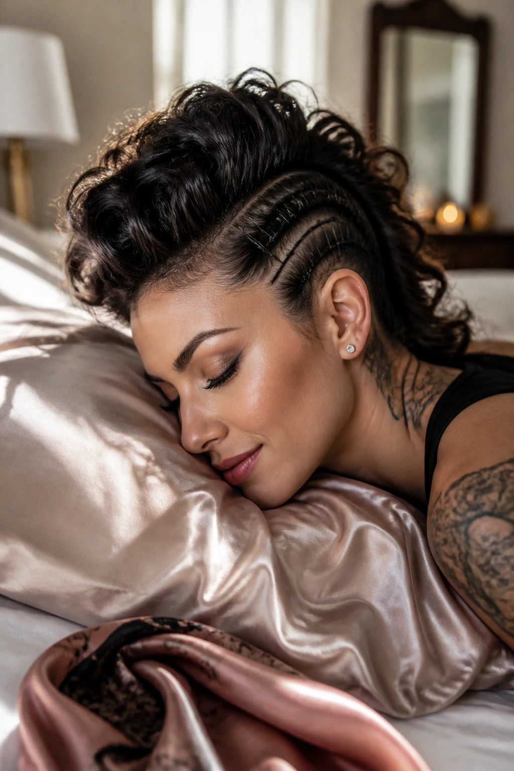 Woman with mohawk resting on a silk pillowcase in a softly lit bedroom.