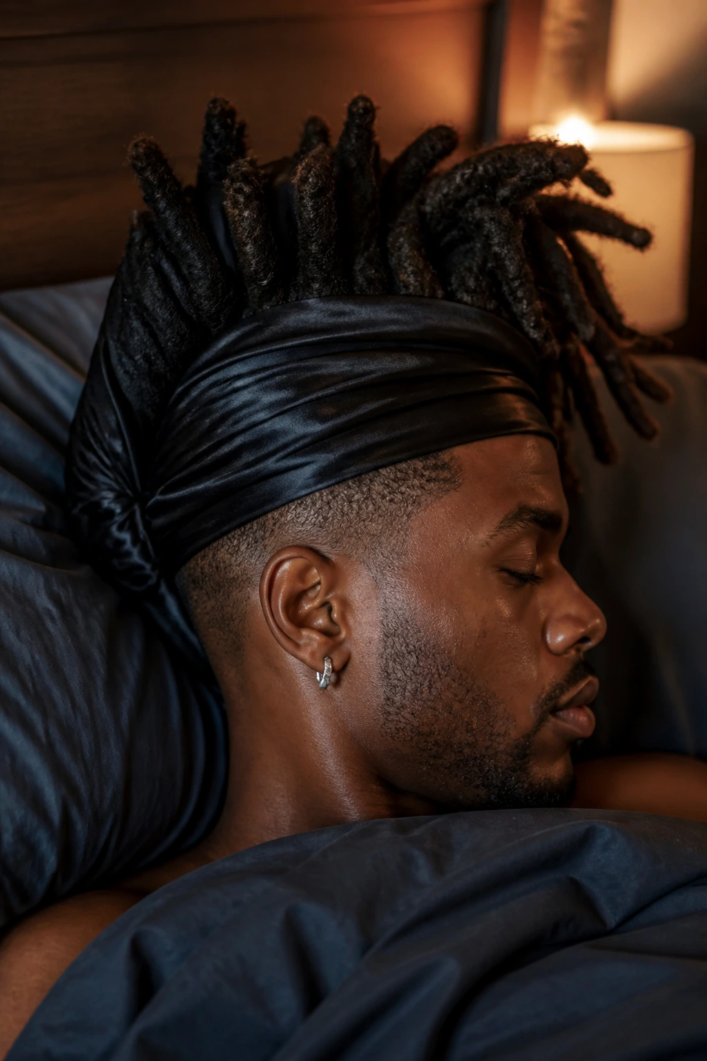 Head on pillow with a satin scarf protecting a dreadlock mohawk overnight.