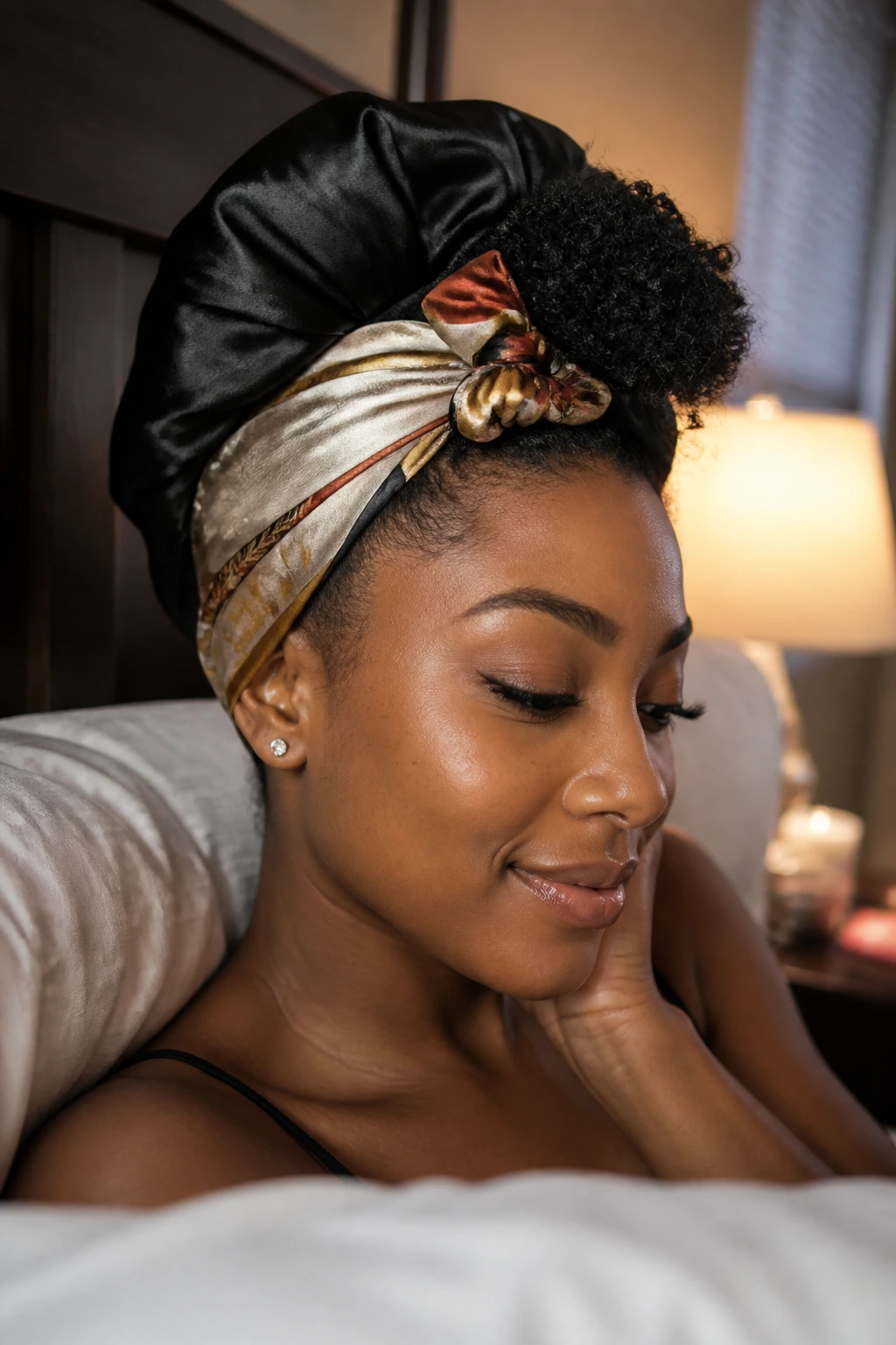 Woman in satin scarf with mohawk in bedroom, ready for overnight refresh.