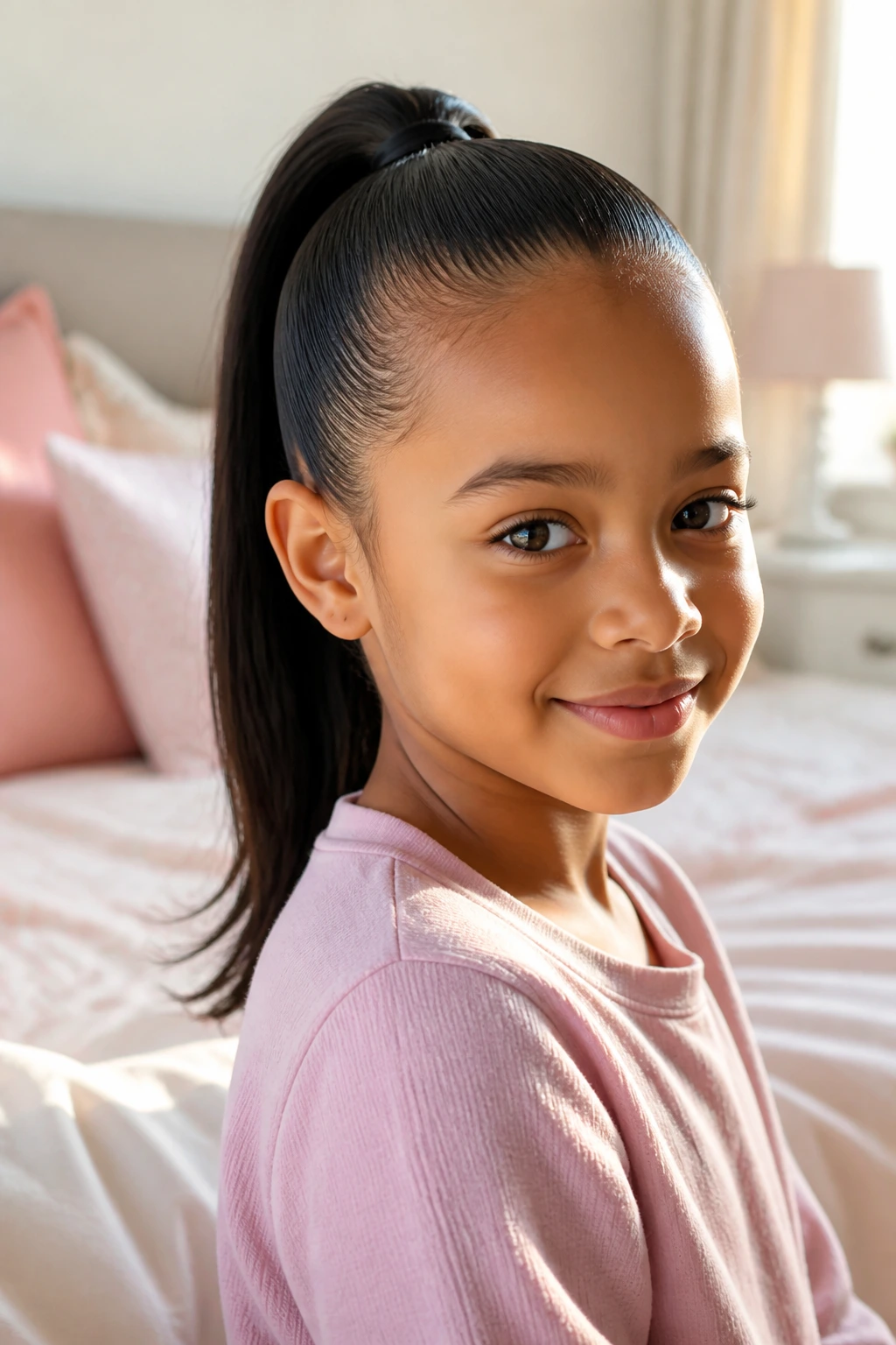 Child with sleek ponytail in soft morning light.