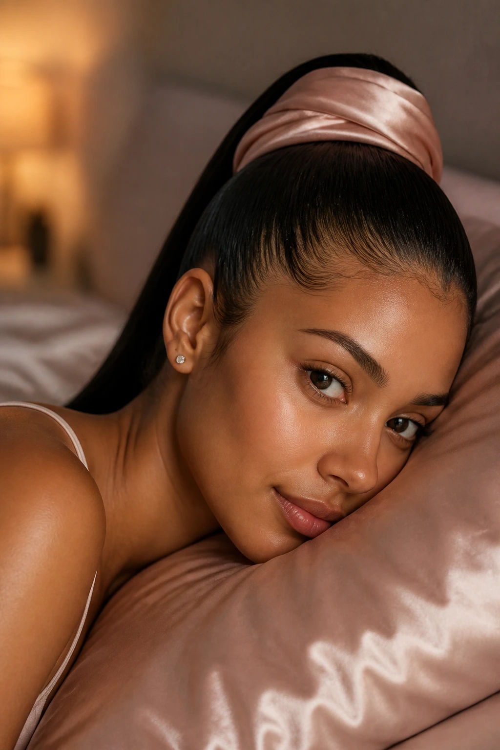 Close-up of a woman with a sleek high ponytail wrapped with silk scarf overnight
