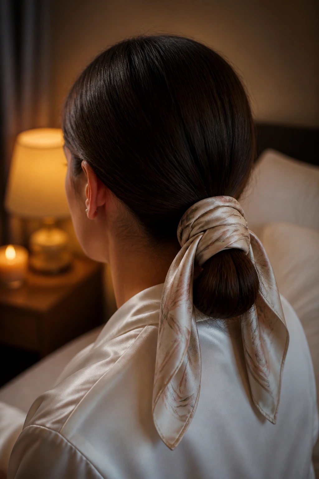 Low ponytail wrapped with silk scarf for overnight retention
