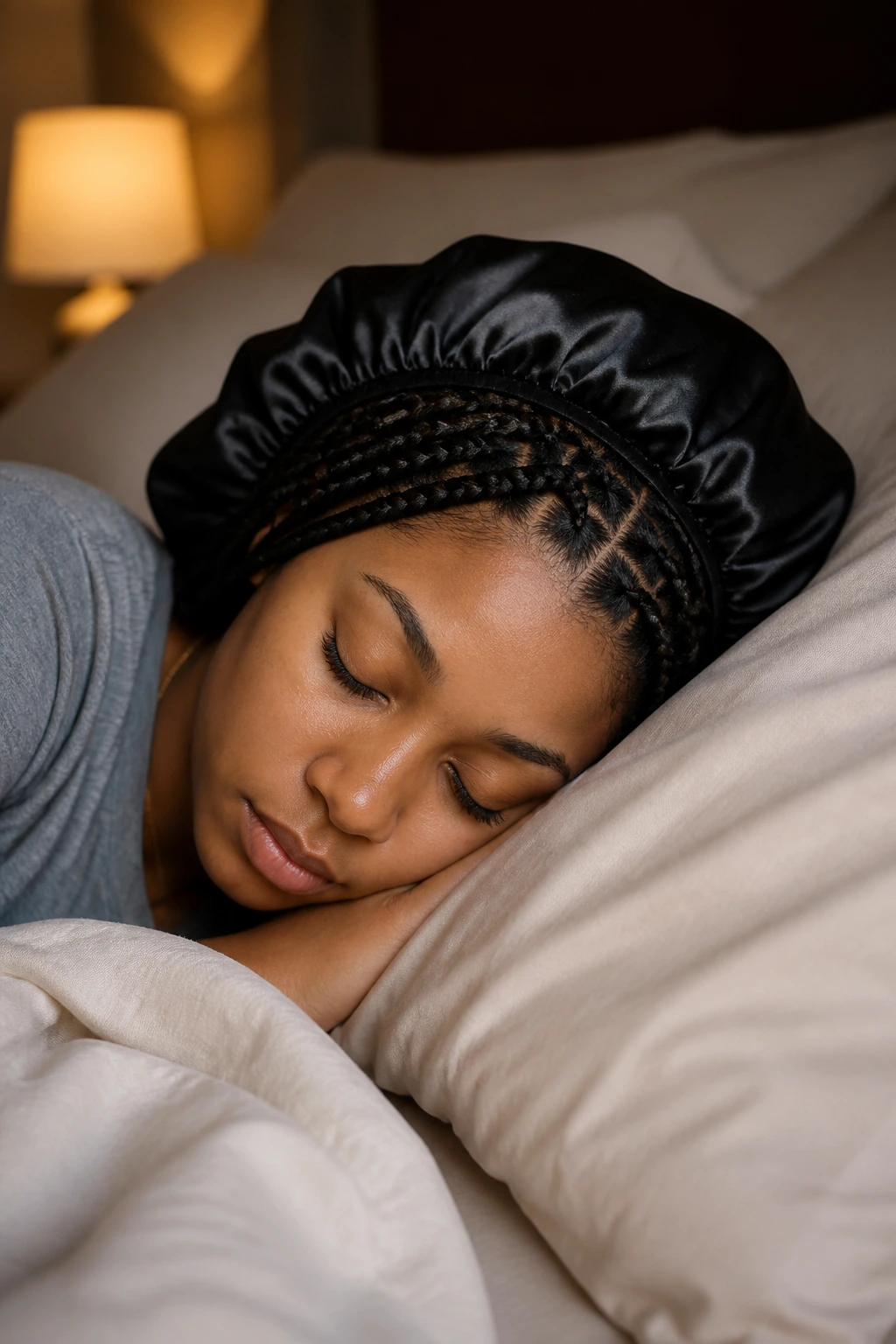 Close-up of a real person in bed with a satin bonnet over braided hair for overnight protection