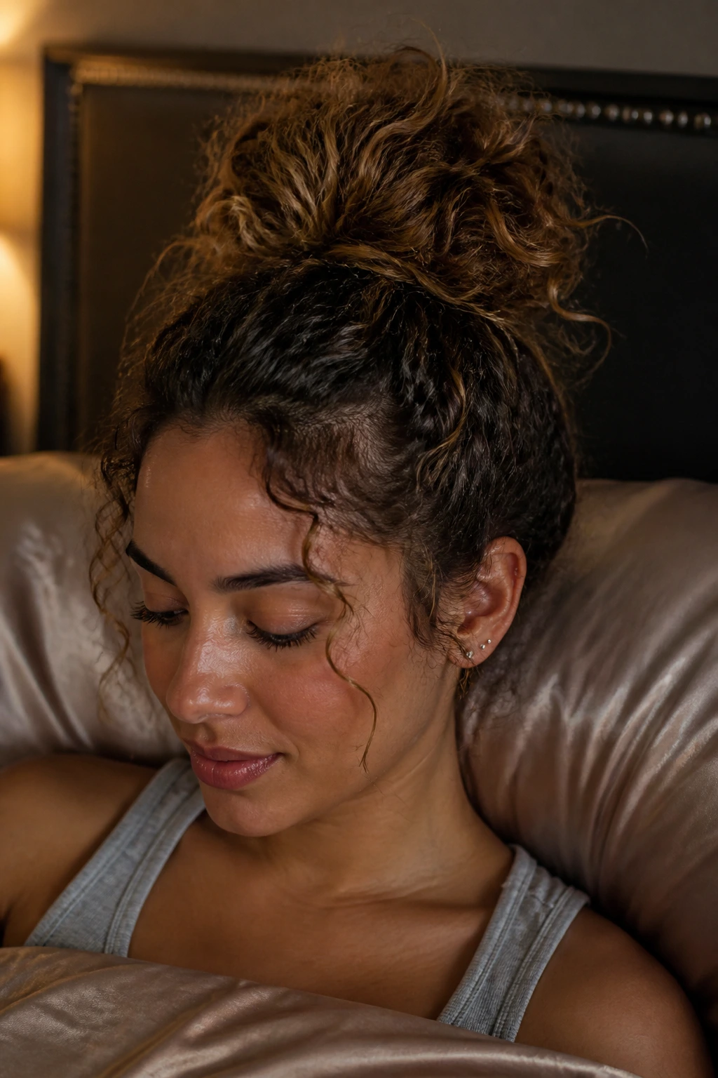 Close-up of pineapple topknot protecting beach waves in bedroom