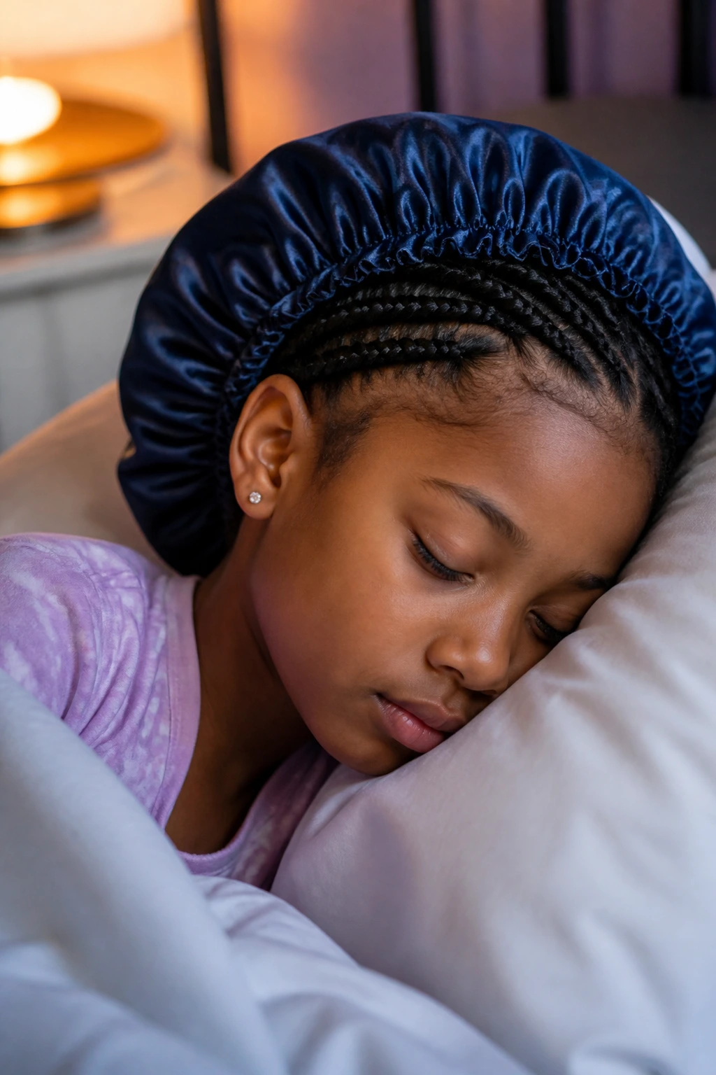 Child wearing satin bonnet over braids in a cozy bedroom