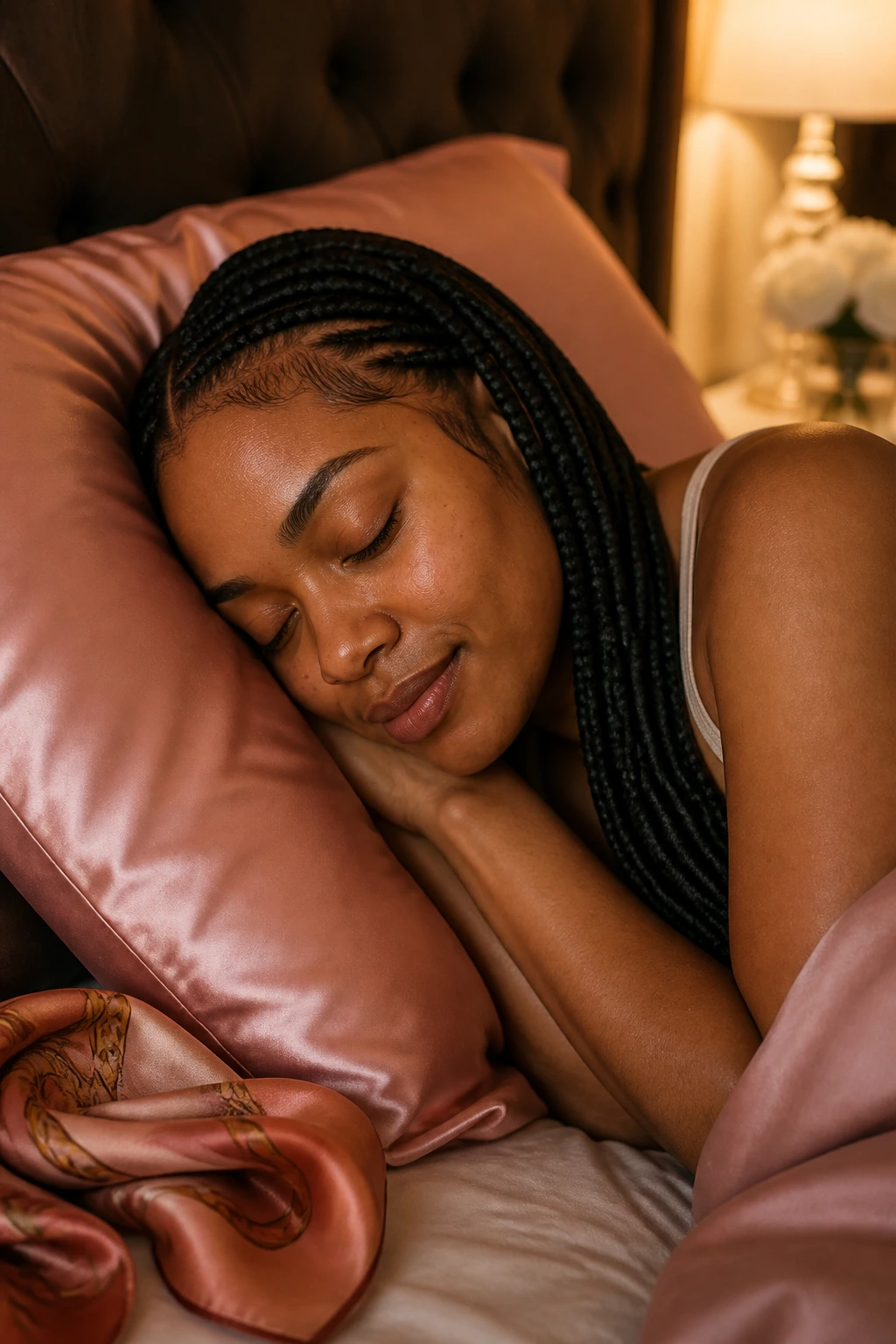 Real woman in bed with neatly braided hair protected by satin pillowcase