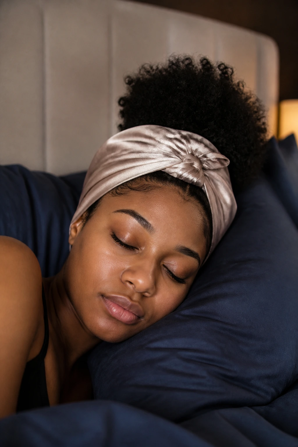 Woman sleeping with satin scarf around puff ponytail to preserve style