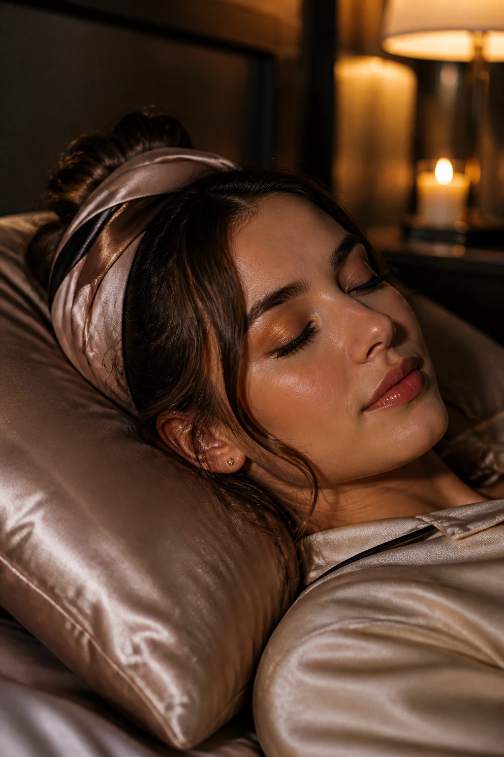 Close-up of real woman wearing a loose updo with silk scarf in a cozy bedroom