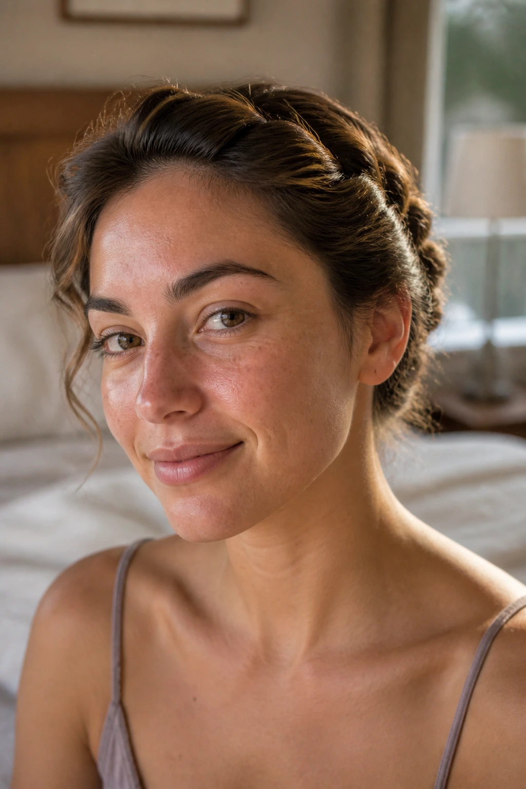 Close-up of real woman with overnight twist waves pinned back in a cozy morning bedroom