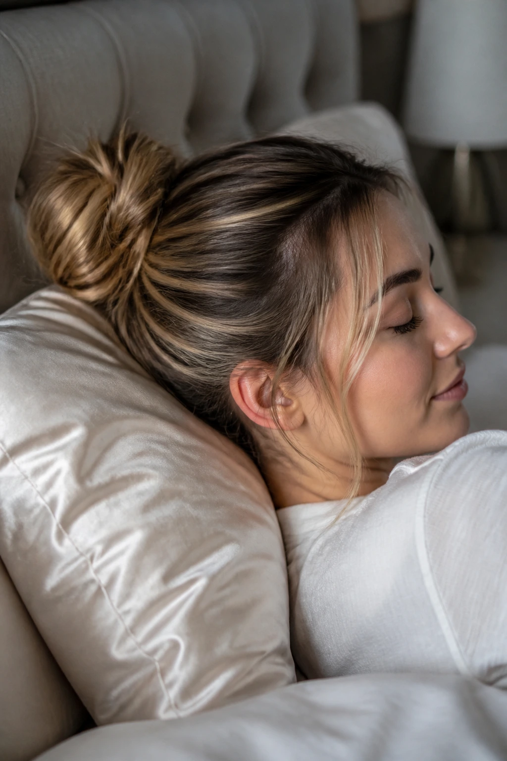 Close-up of a person with a loose bun in bed, satin pillowcase nearby