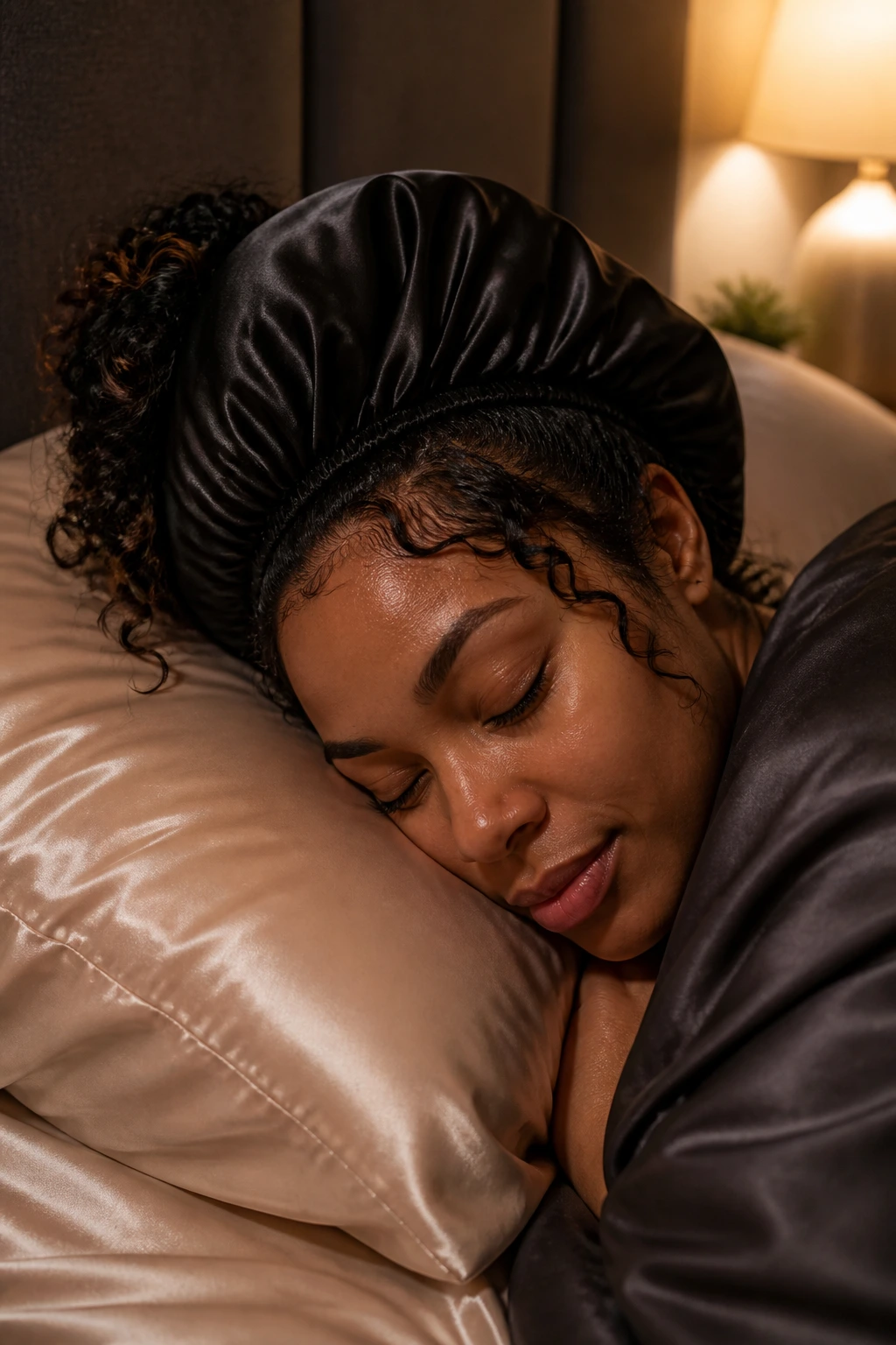 Portrait of a real woman wearing a satin bonnet to preserve an updo overnight