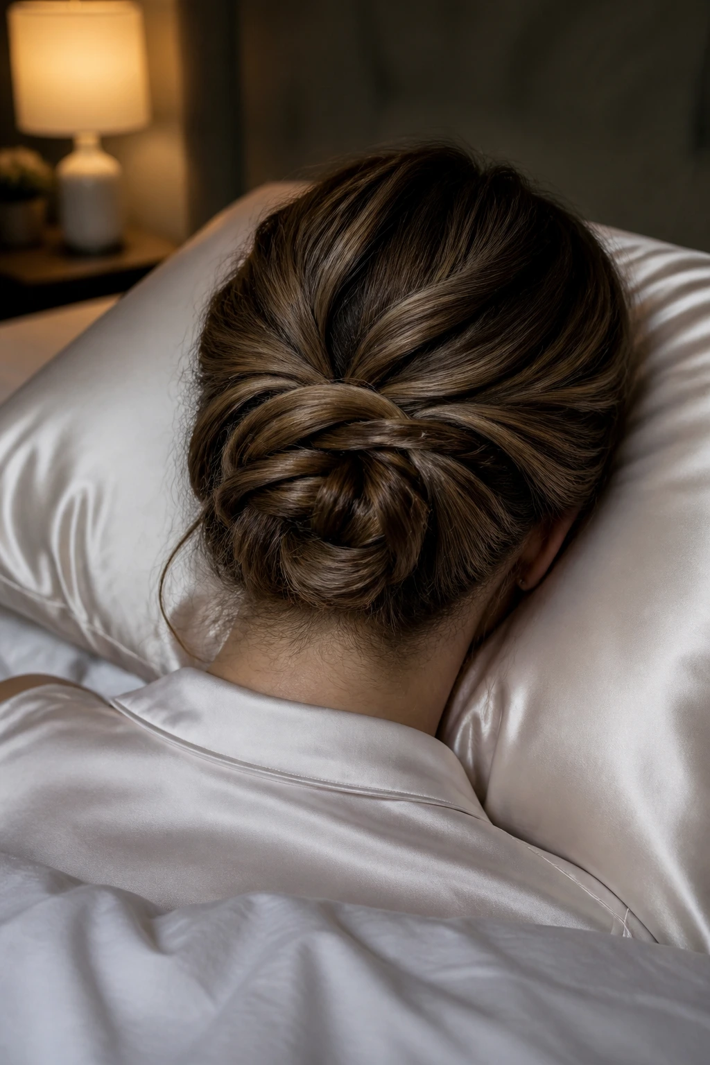 Back view of a real woman's updo prepared for overnight on a silk pillowcase