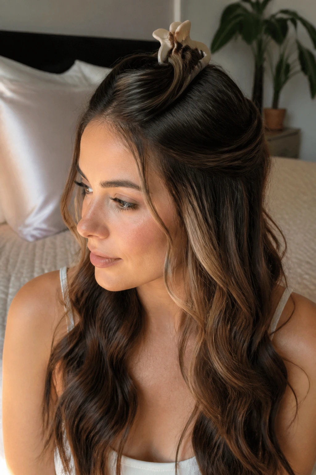 Woman with heatless overnight waves pinned with a claw clip