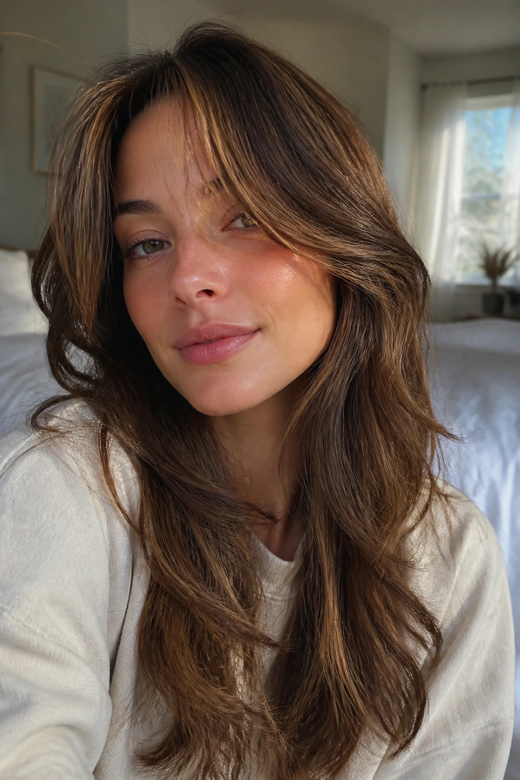 Portrait of a real person with heatless overnight waves and curtain bangs in a softly lit bedroom