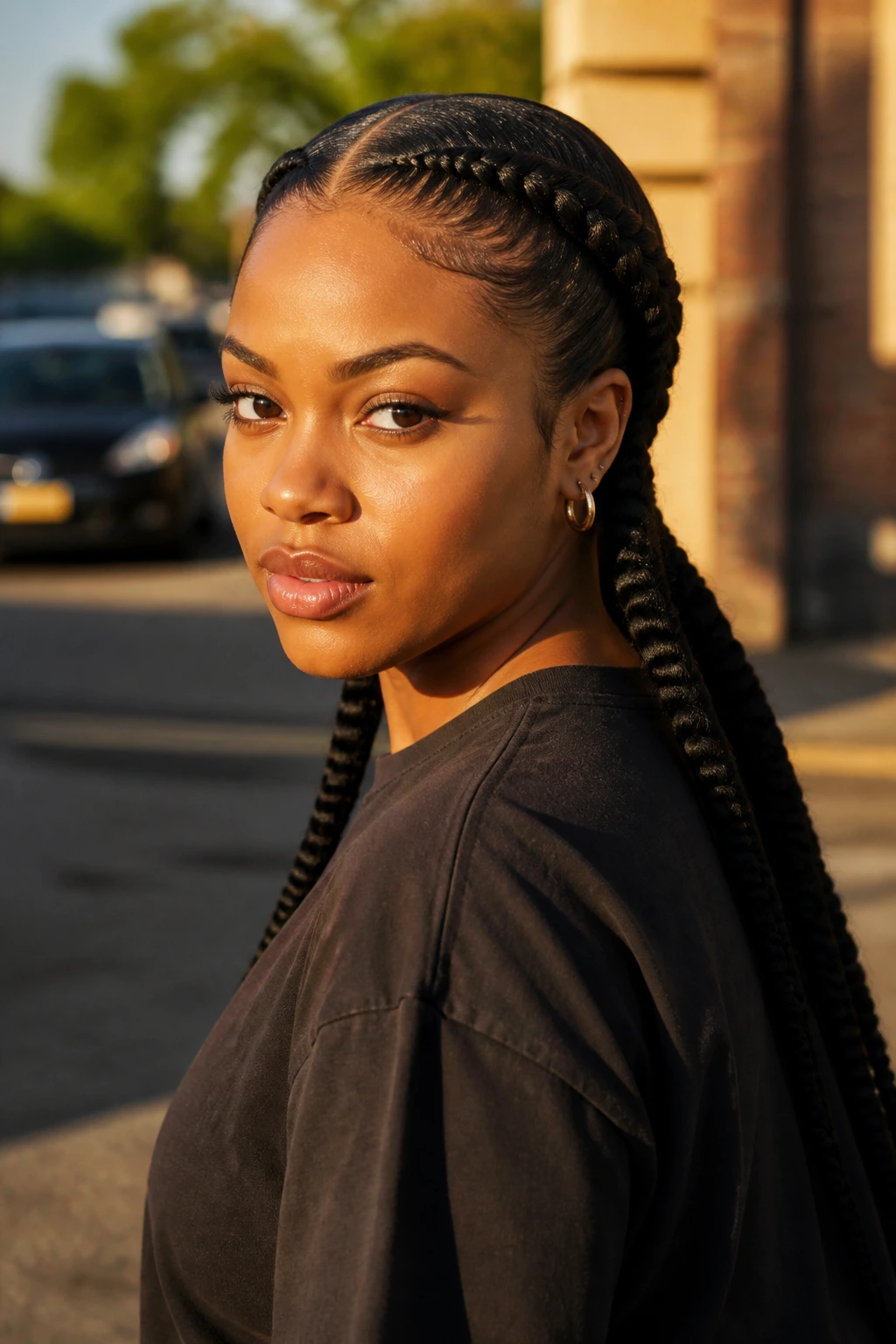 Portrait of a real person with two oversized feed-in braids in natural light