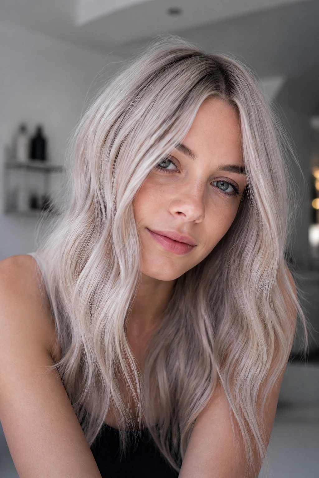 Close-up portrait of a real woman with Oyster Blonde hair in diffuse light.