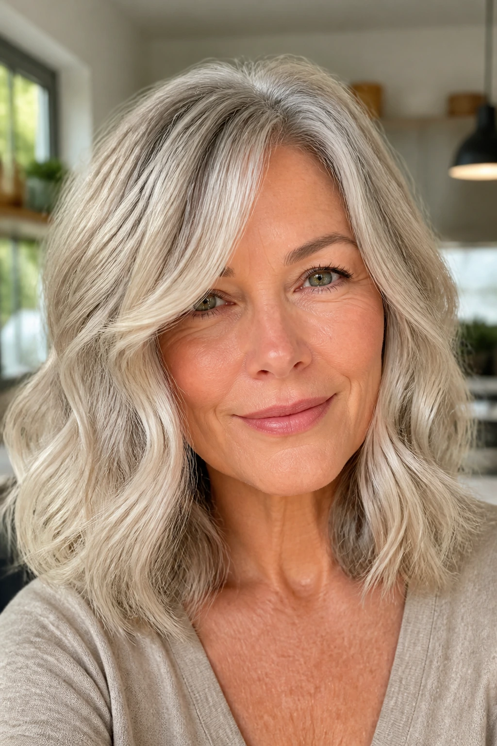 Close-up of a real woman with oyster gray waves in a lob