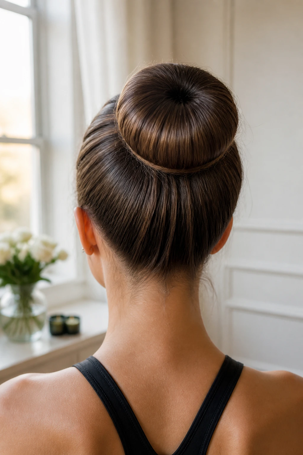 Back view of a real woman showing a padded ballet bun at the crown
