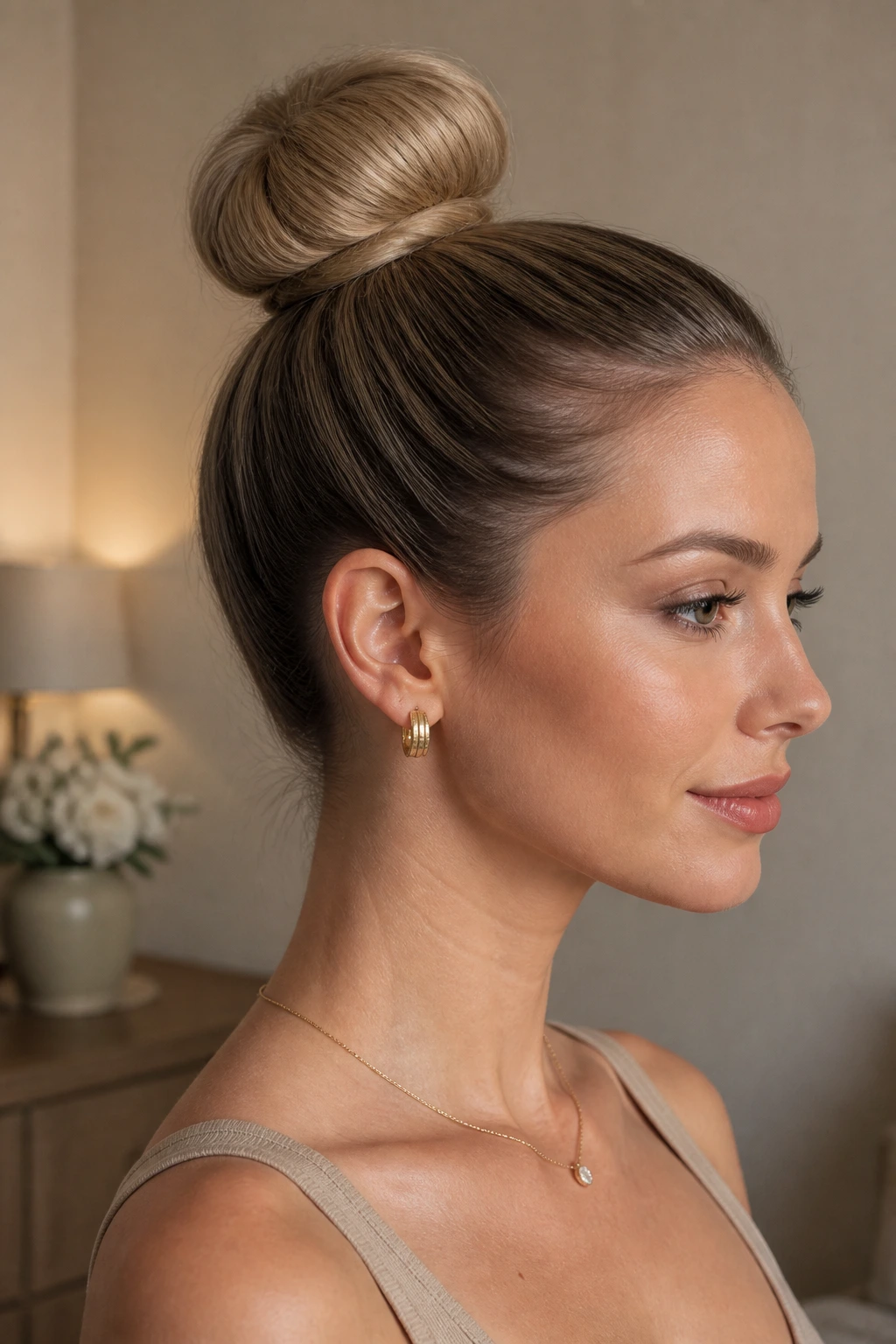 Portrait of a real woman with a Fine-Hair Padded Bun showing structured fullness.